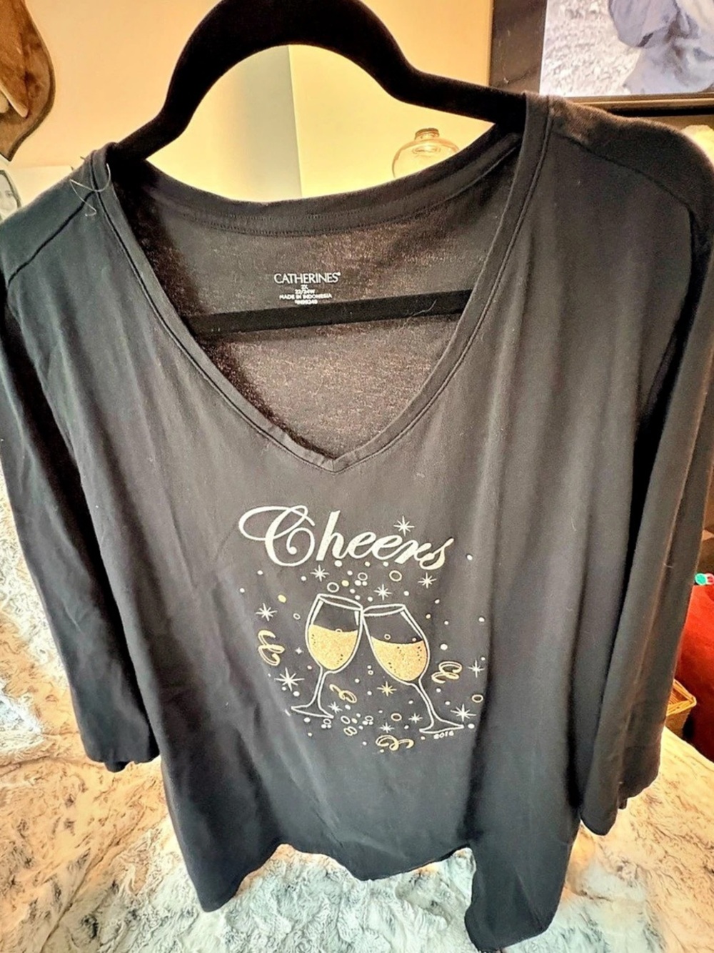 Catherines 2X 22/24W Black Cheers Champagne Glasses V-Neck Top 3/4 Sleeve Like